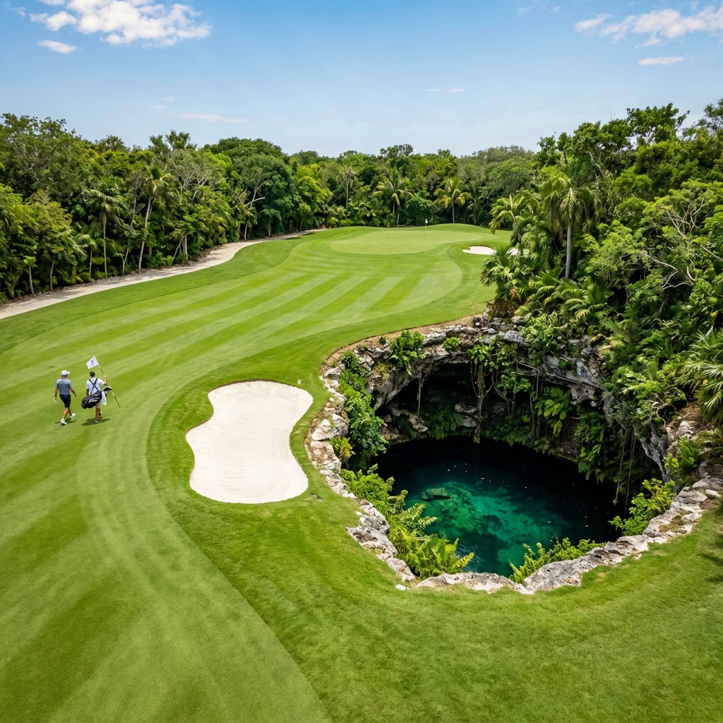 Hoyo 7 par 3 de El Camaleón Mayakoba con cenote natural