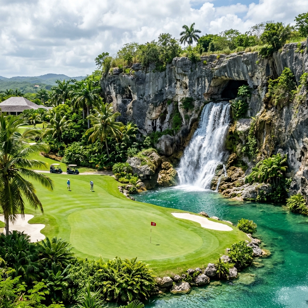 Cascada y cantera de coral del hoyo 13 en Guavaberry Golf Club