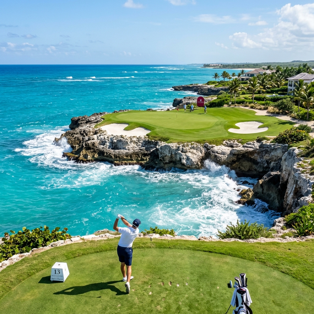 Vista aérea del hoyo 13 par 3 de Punta Espada sobre el mar Caribe